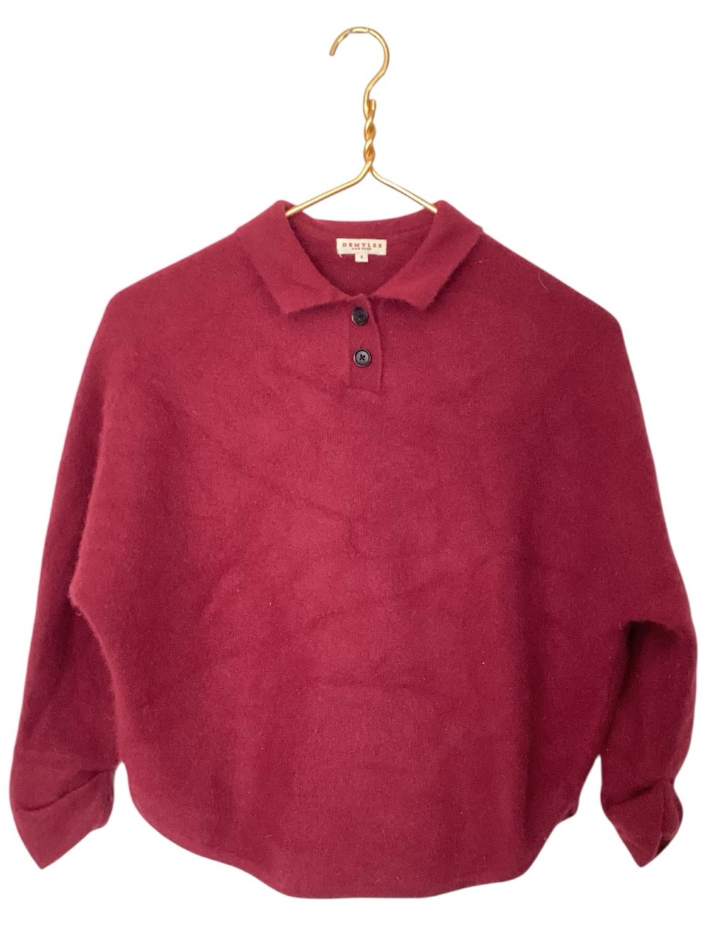 Demylee NY 100% Cashmere Burgundy Polo Batwing Designer Quiet Luxury Sweater S